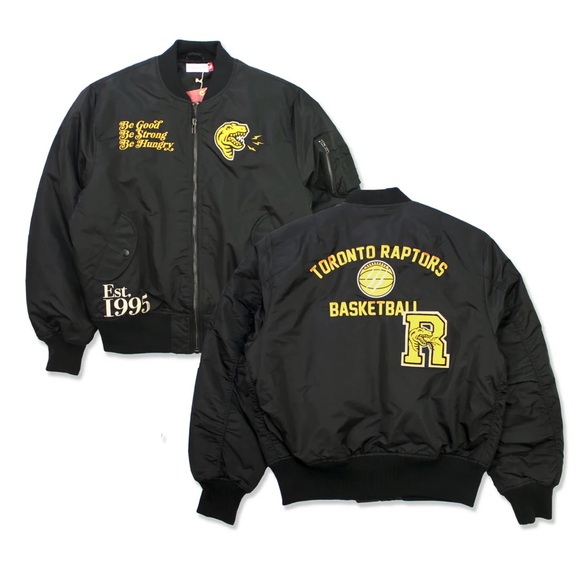 Black Toronto Raptors Bomber Jacket with Embroidered Details - Picture 3 of 4